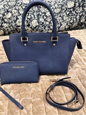 Michael Kors Navy Saffiano Leather Satchel with Wallet and Strap